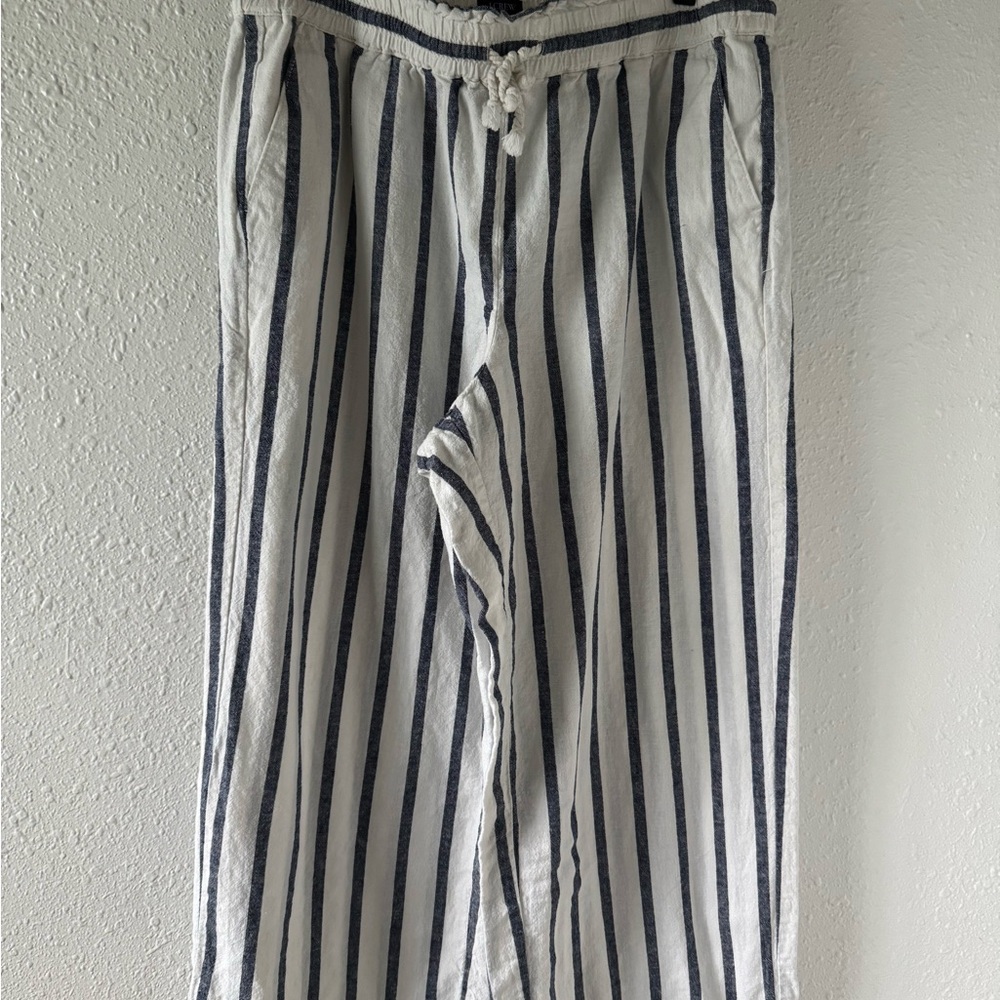 J. Crew Grey and White Striped linen-cotton blend wide-leg paper-bag pant